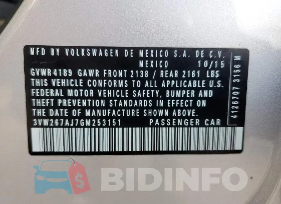 3VW267AJ7GM253151 Photo# 12