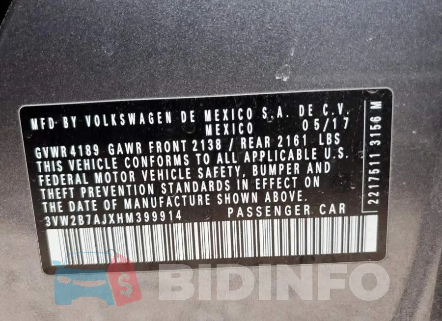 3VW2B7AJXHM399914 Photo# 13