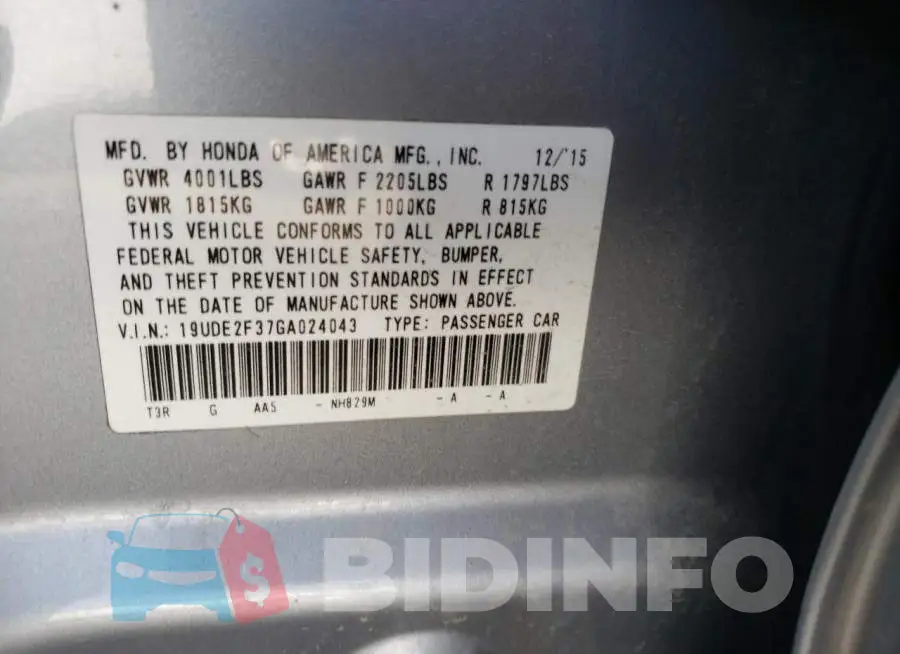 19UDE2F37GA024043 Photo# 12
