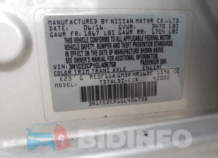 3N1CE2CP1GL406758 Photo# 12