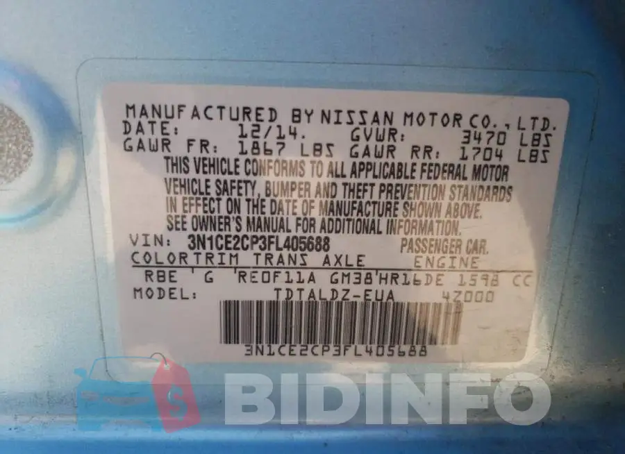3N1CE2CP3FL405688 Photo# 13
