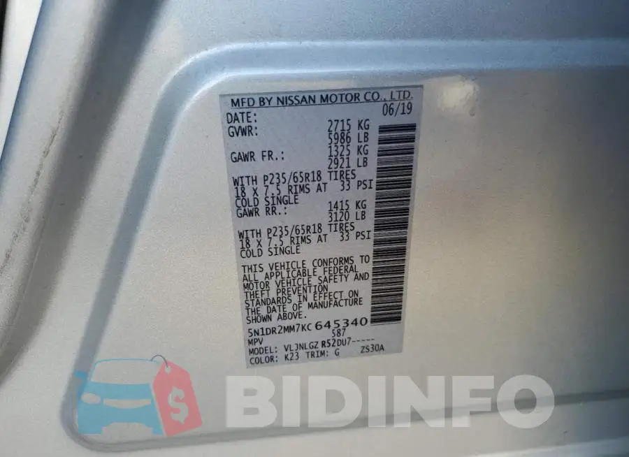 5N1DR2MM7KC645340 Photo# 10