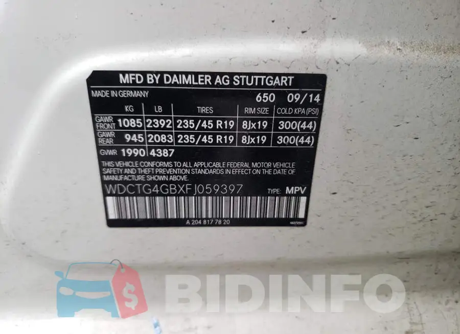 WDCTG4GBXFJ059397 Photo# 12