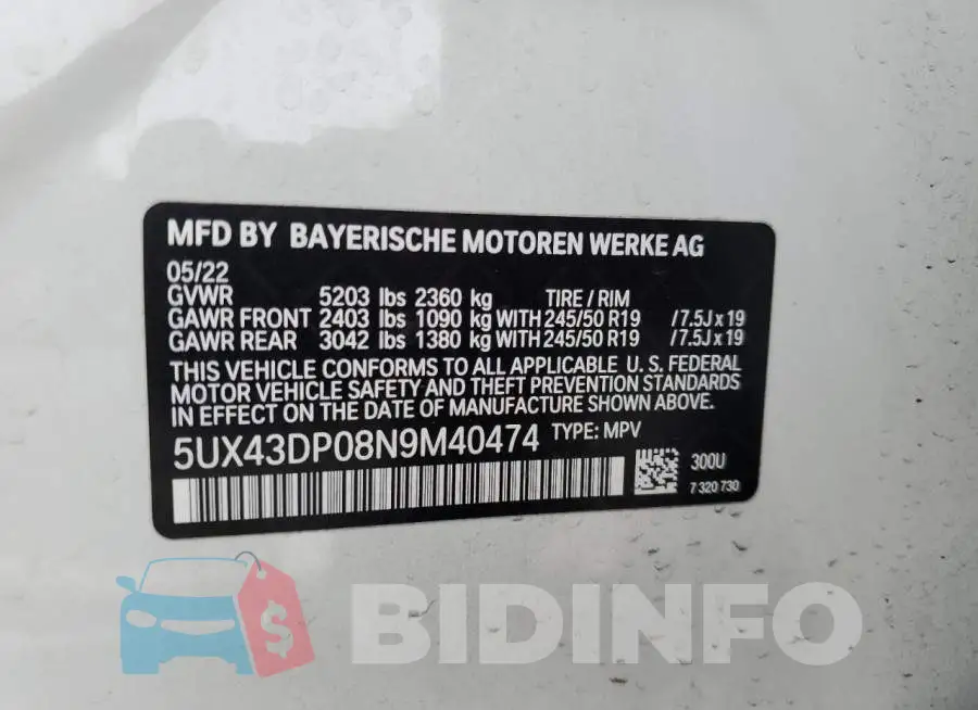 5UX43DP08N9M40474 Photo# 14