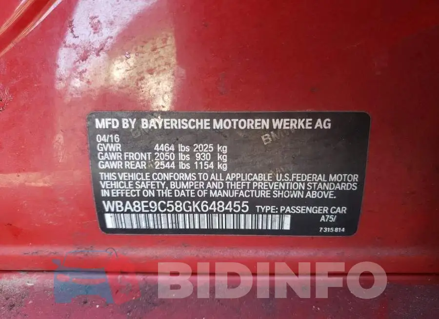 WBA8E9C58GK648455 Photo# 12