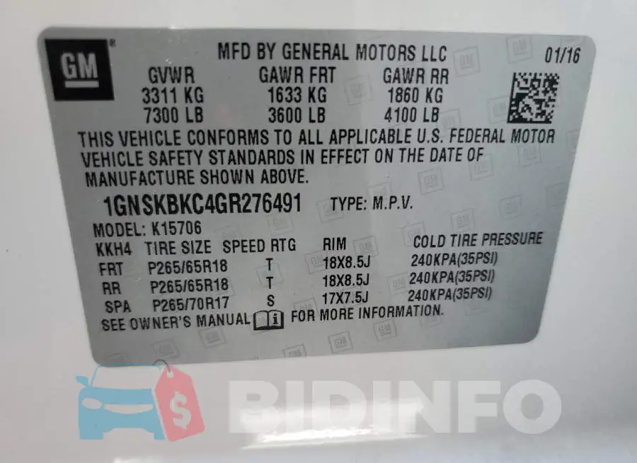1GNSKBKC4GR276491 Photo# 13