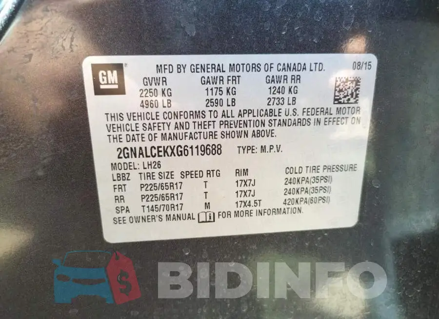 2GNALCEKXG6119688 Photo# 12