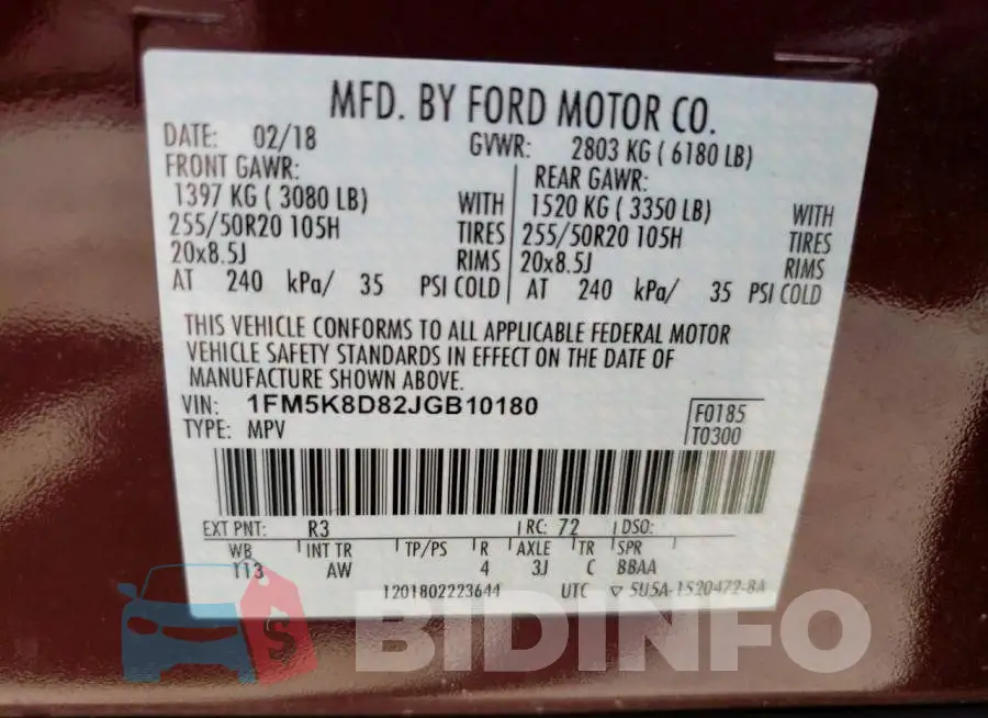1FM5K8D82JGB10180 Photo# 14
