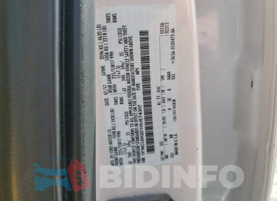 1FMCU0GD1HUE74307 Photo# 12
