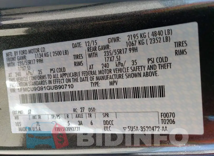 1FMCU9G91GUB90710 Photo# 12