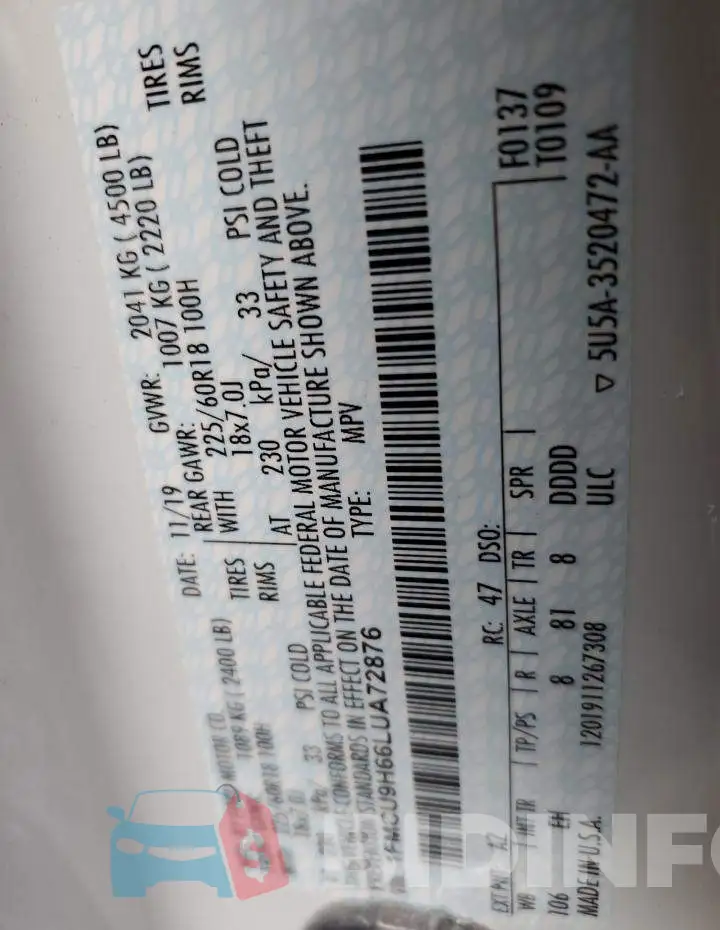 1FMCU9H66LUA72876 Photo# 12