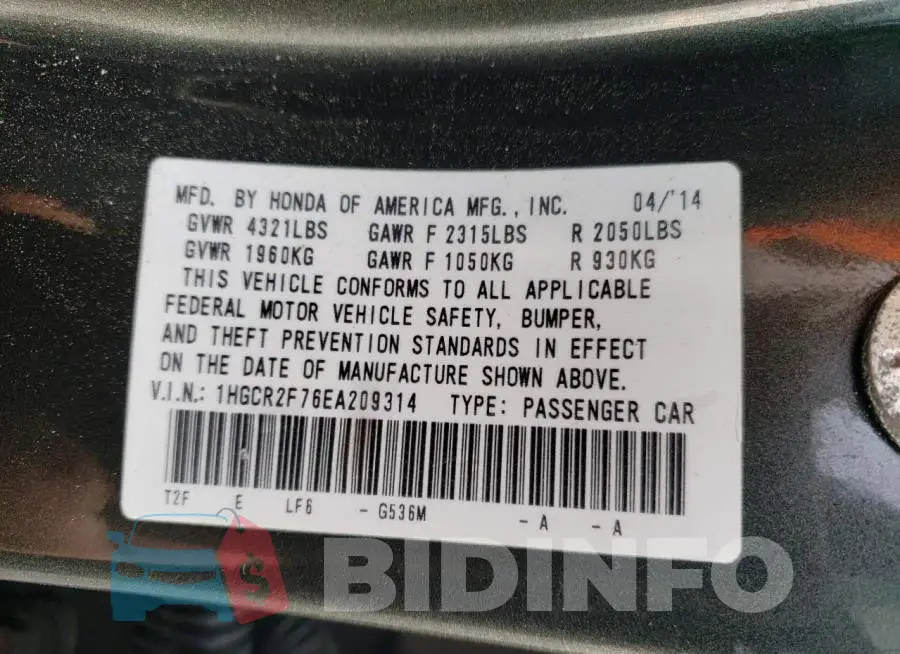 1HGCR2F76EA209314 Photo# 12