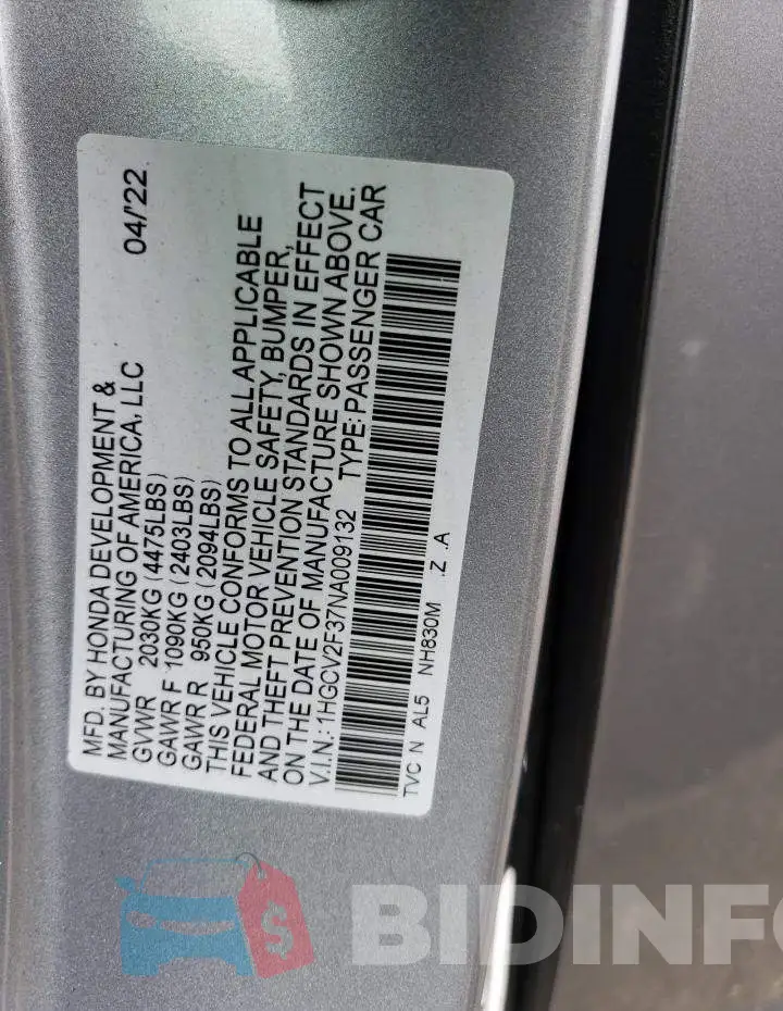 1HGCV2F37NA009132 Photo# 12