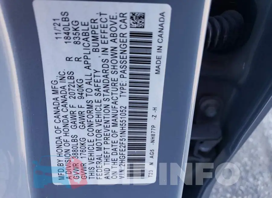 2HGFE2F51NH551052 Photo# 13