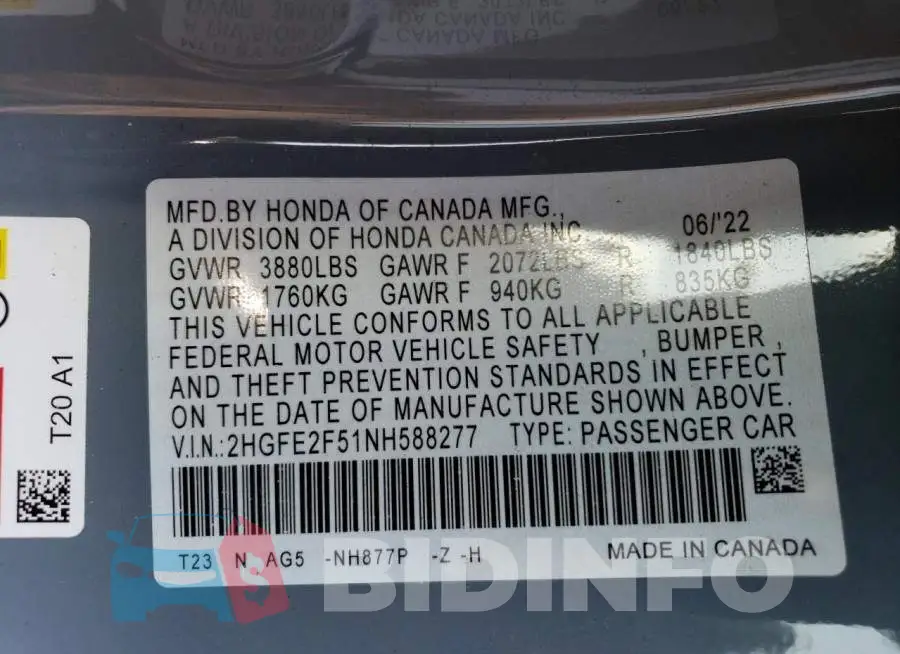 2HGFE2F51NH588277 Photo# 12