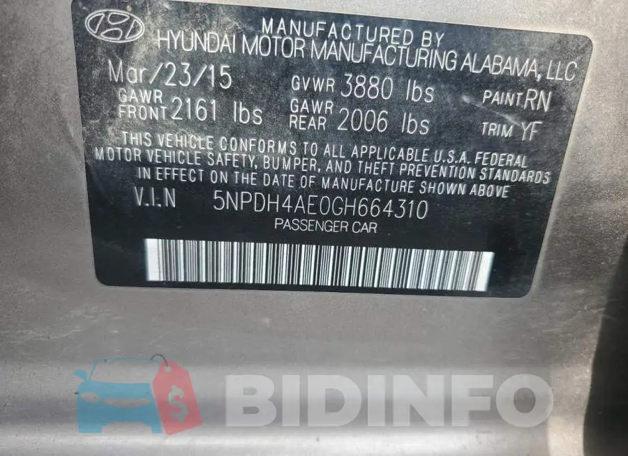 5NPDH4AE0GH664310 Photo# 12