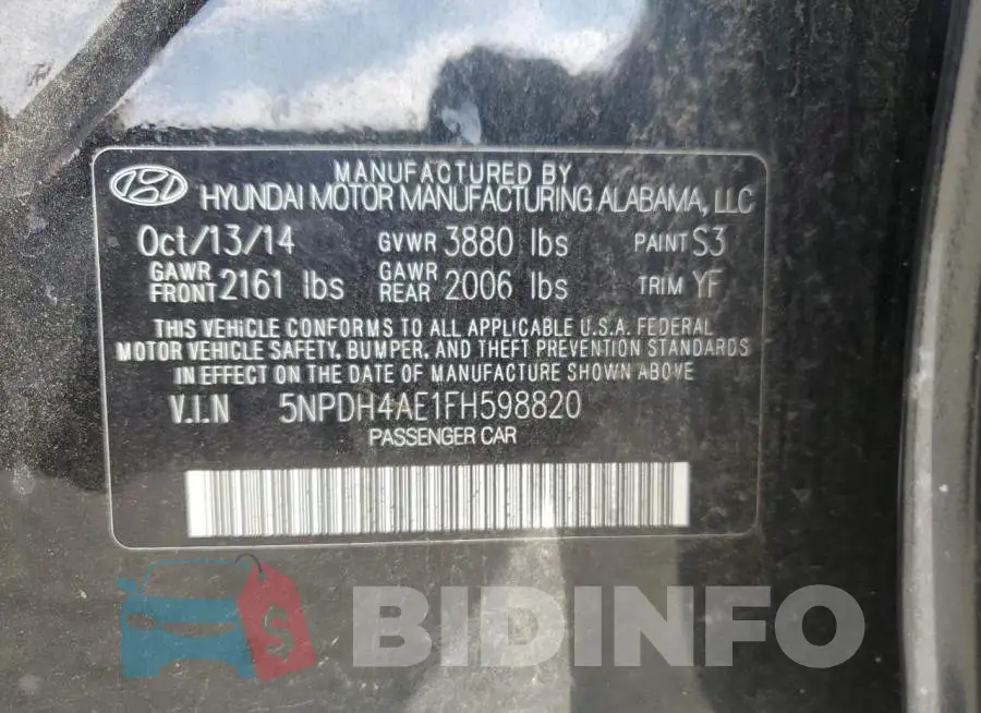 5NPDH4AE1FH598820 Photo# 12