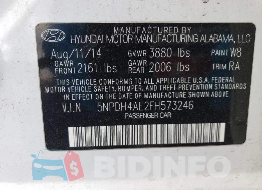 5NPDH4AE2FH573246 Photo# 12