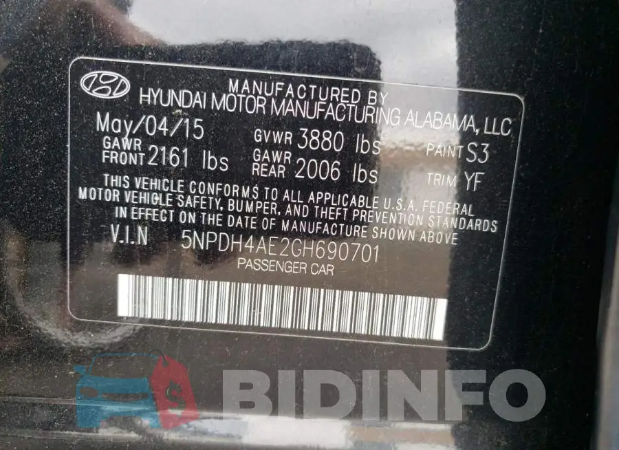 5NPDH4AE2GH690701 Photo# 12