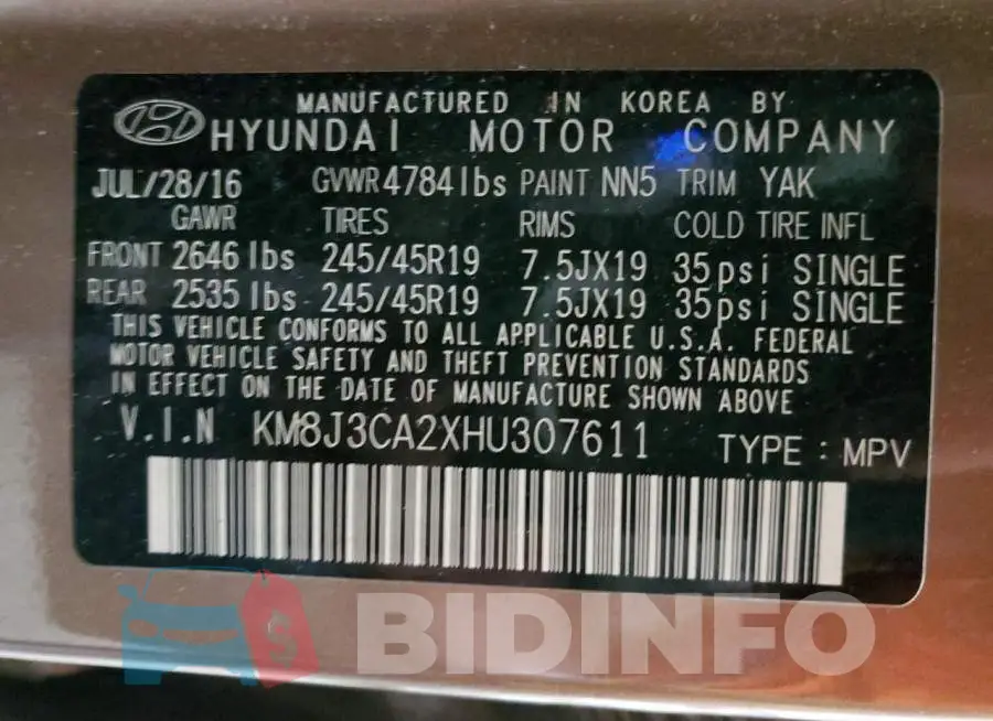 KM8J3CA2XHU307611 Photo# 12