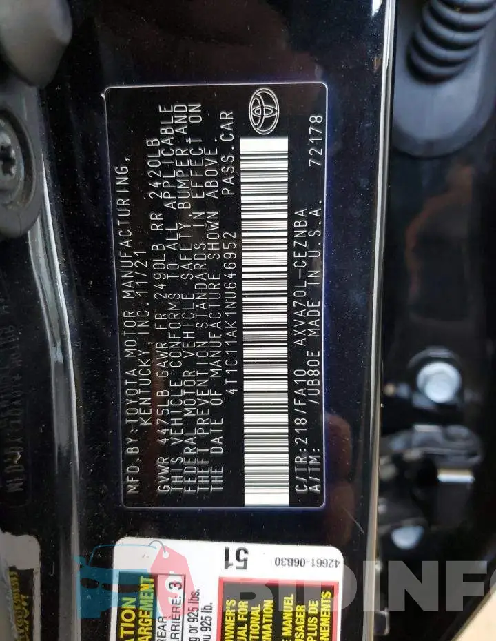 4T1C11AK1NU646952 Photo# 12