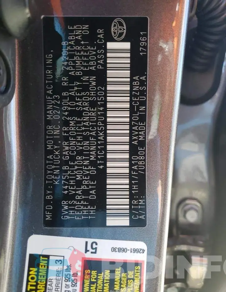 4T1C11AK5PU141502 Photo# 12