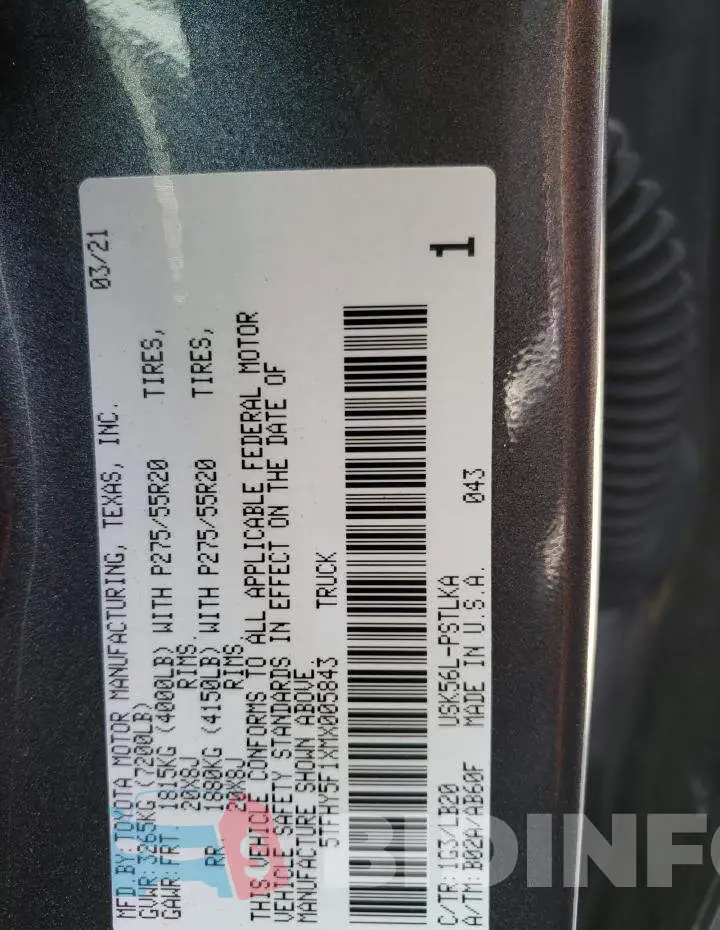 5TFHY5F1XMX005843 Photo# 12