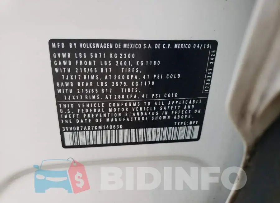 3VV0B7AX7KM140630 Photo# 13