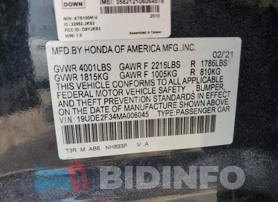 19UDE2F34MA006045 Photo# 12
