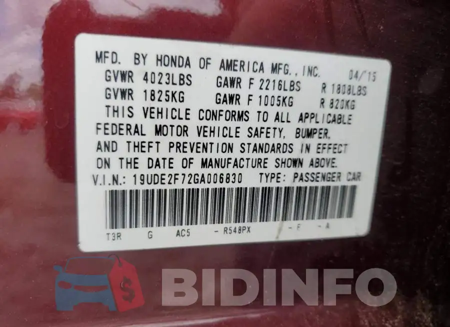 19UDE2F72GA006830 Photo# 12