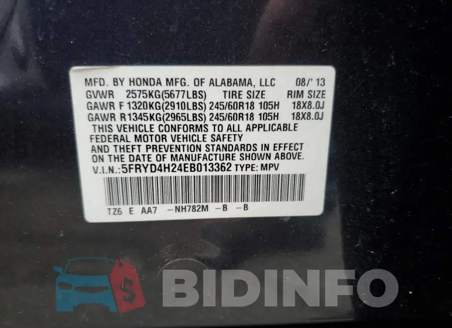 5FRYD4H24EB013362 Photo# 13