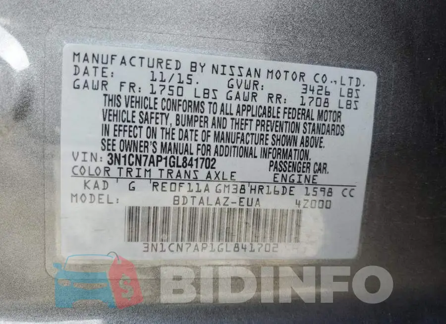 3N1CN7AP1GL841702 Photo# 12