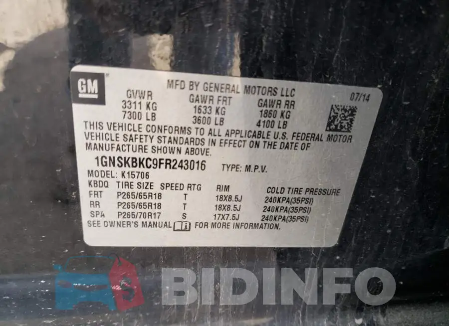1GNSKBKC9FR243016 Photo# 13
