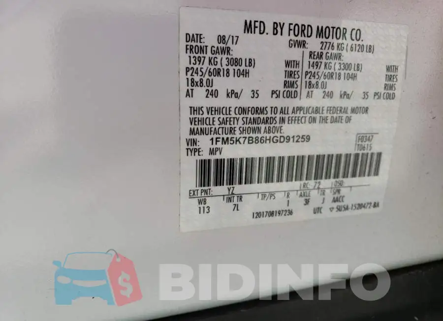 1FM5K7B86HGD91259 Photo# 13