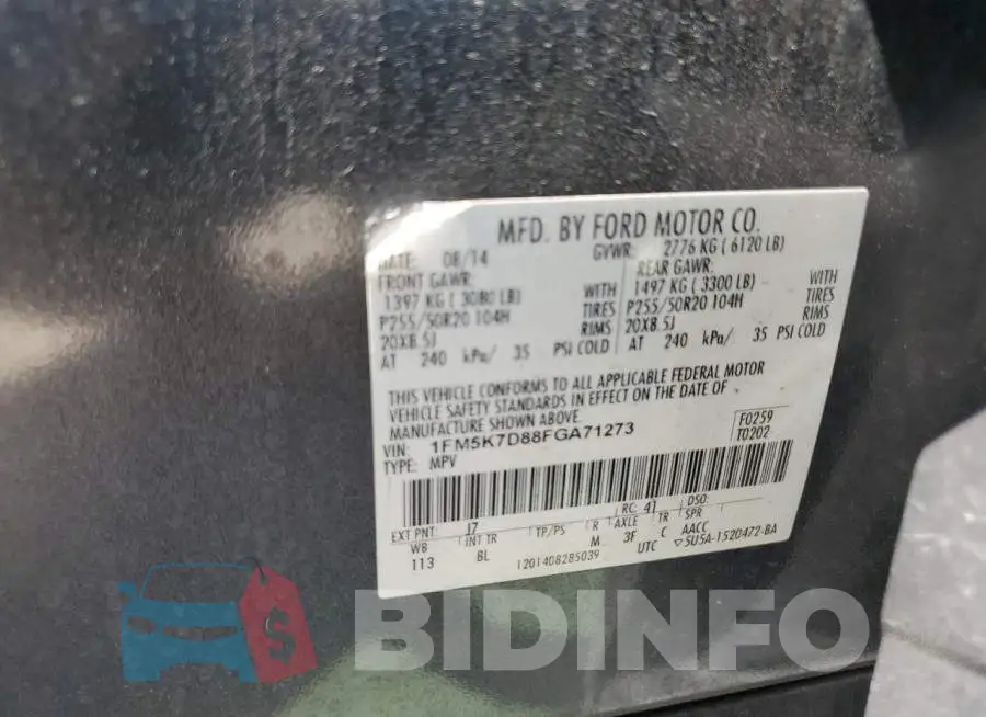 1FM5K7D88FGA71273 Photo# 14