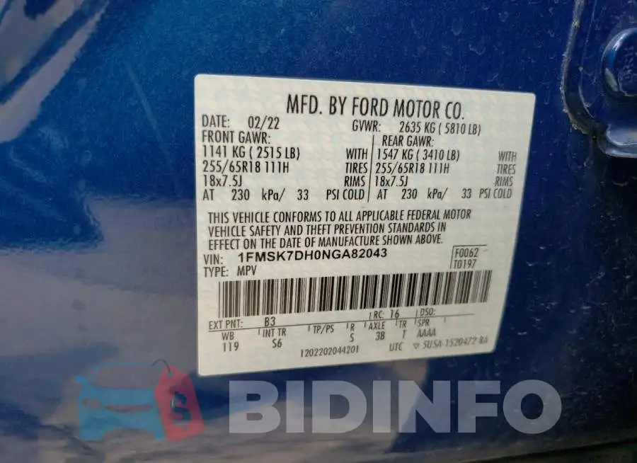 1FMSK7DH0NGA82043 Photo# 13