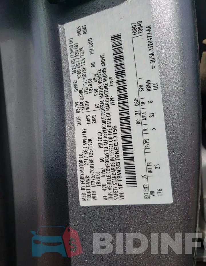 1FT8W3BT6NEE13156 Photo# 12