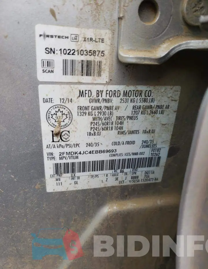 2FMDK4JC4EBB69693 Photo# 13