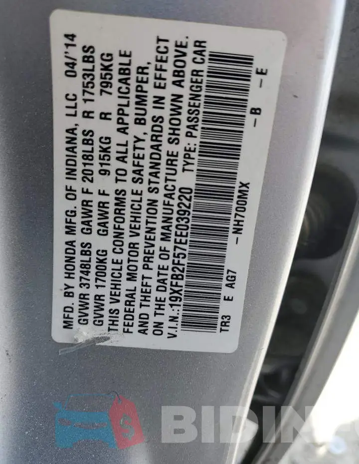 19XFB2F57EE039220 Photo# 13