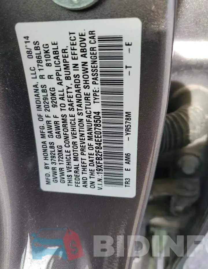 19XFB2F84EE078504 Photo# 12