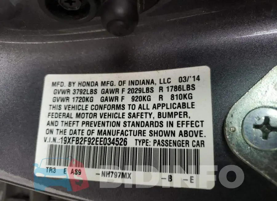 19XFB2F92EE034526 Photo# 12