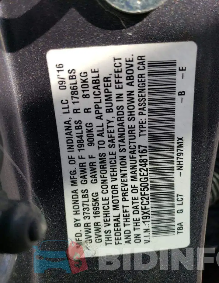 19XFC2F50GE248167 Photo# 10