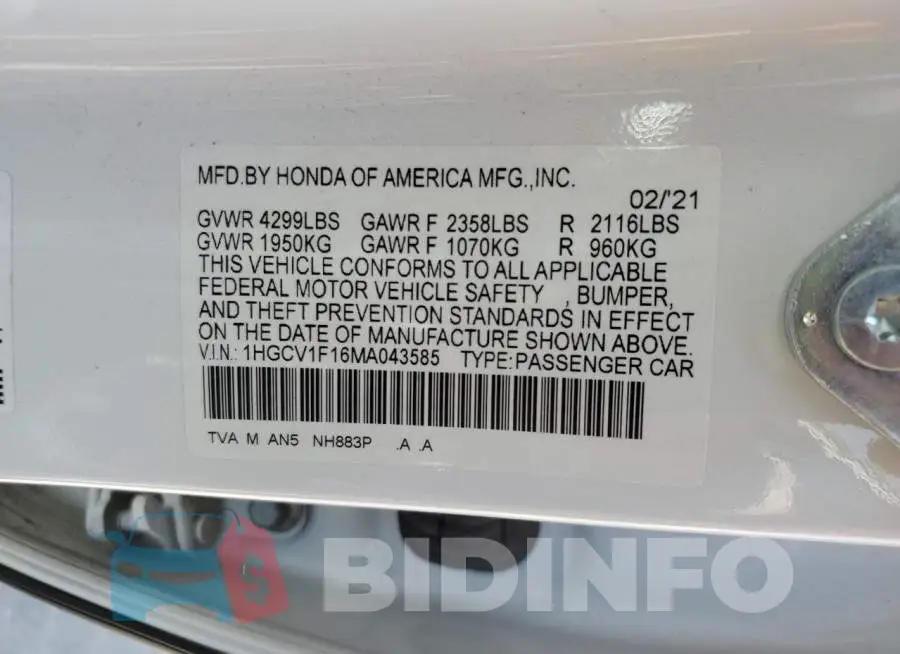 1HGCV1F16MA043585 Photo# 12
