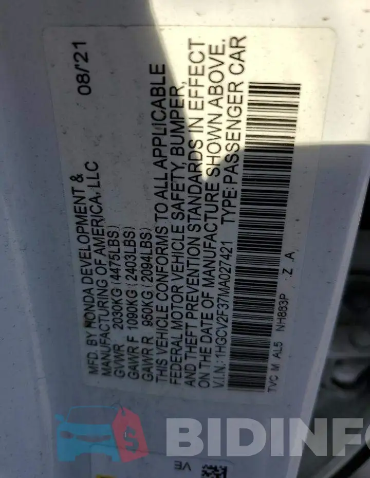 1HGCV2F37MA027421 Photo# 12
