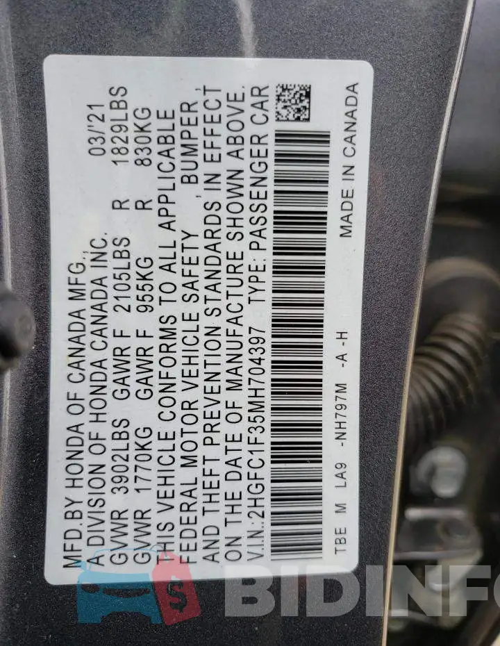 2HGFC1F35MH704397 Photo# 12