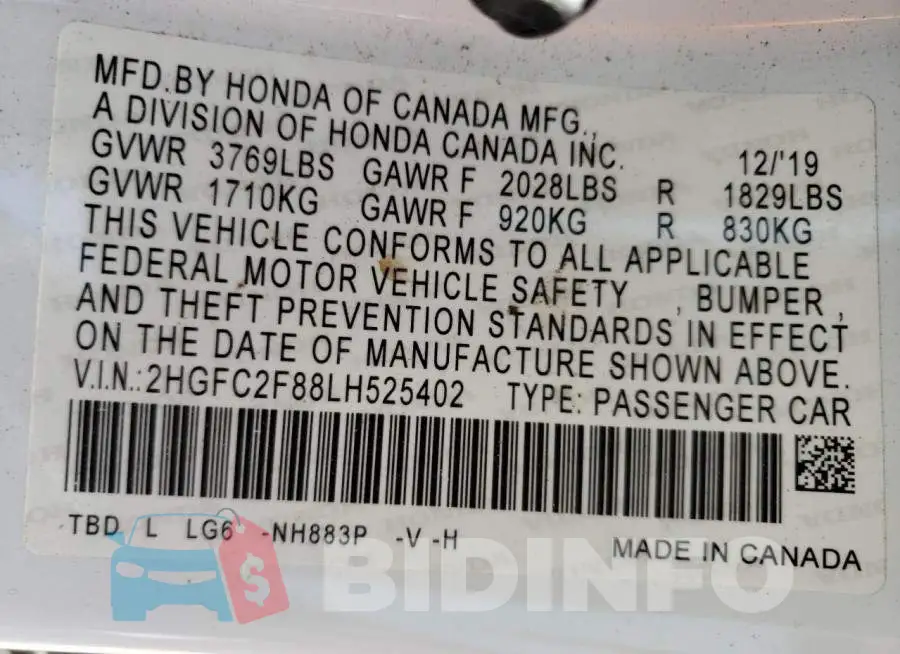 2HGFC2F88LH525402 Photo# 12