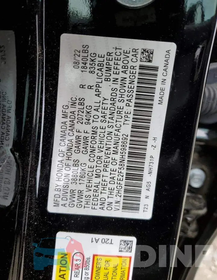 2HGFE2F58NH598692 Photo# 12