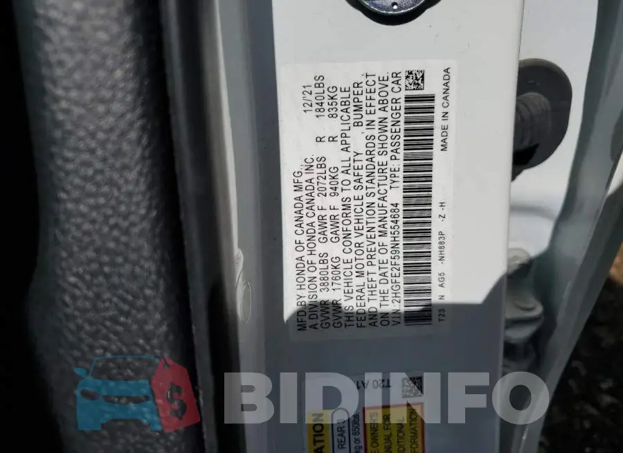 2HGFE2F59NH554684 Photo# 12