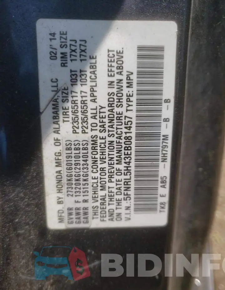 5FNRL5H43EB081457 Photo# 13
