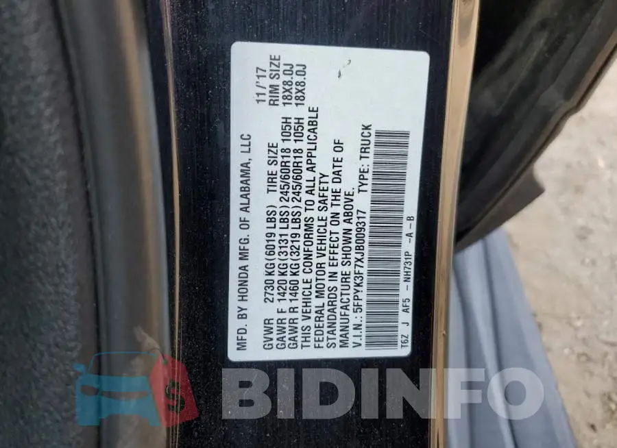 5FPYK3F7XJB009317 Photo# 12